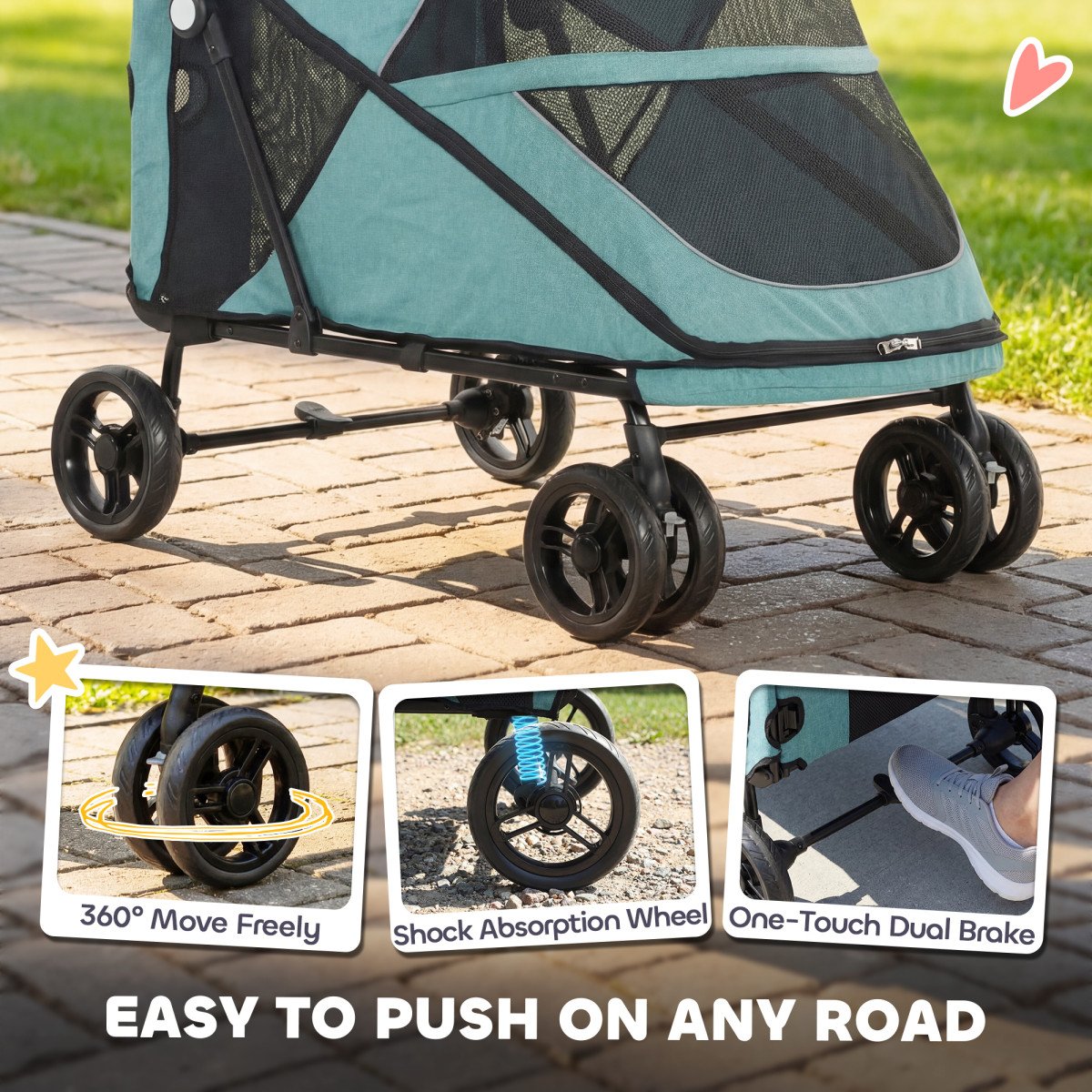 Dog Stroller Easy Fold Pet Stroller for Large Dogs Up to 66lbs with 4-Wheel Shock Absorption & One-Foot Brake Turquoise