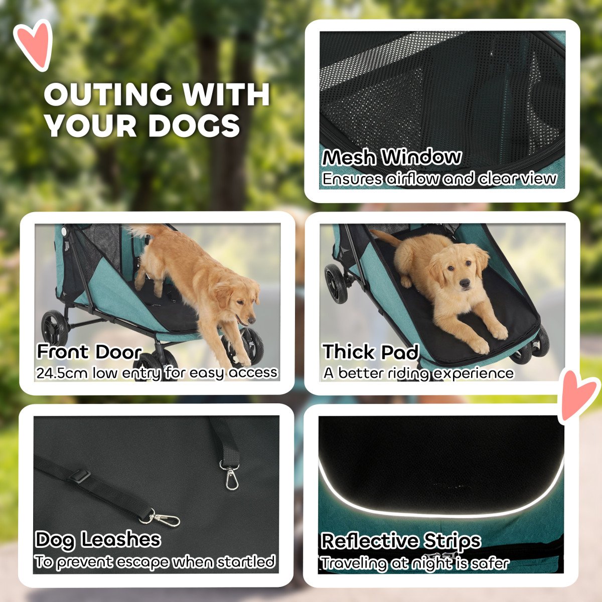 Dog Stroller Easy Fold Pet Stroller for Large Dogs Up to 66lbs with 4-Wheel Shock Absorption & One-Foot Brake Turquoise