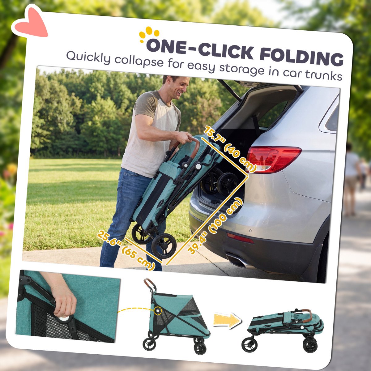 Dog Stroller Easy Fold Pet Stroller for Large Dogs Up to 66lbs with 4-Wheel Shock Absorption & One-Foot Brake Turquoise