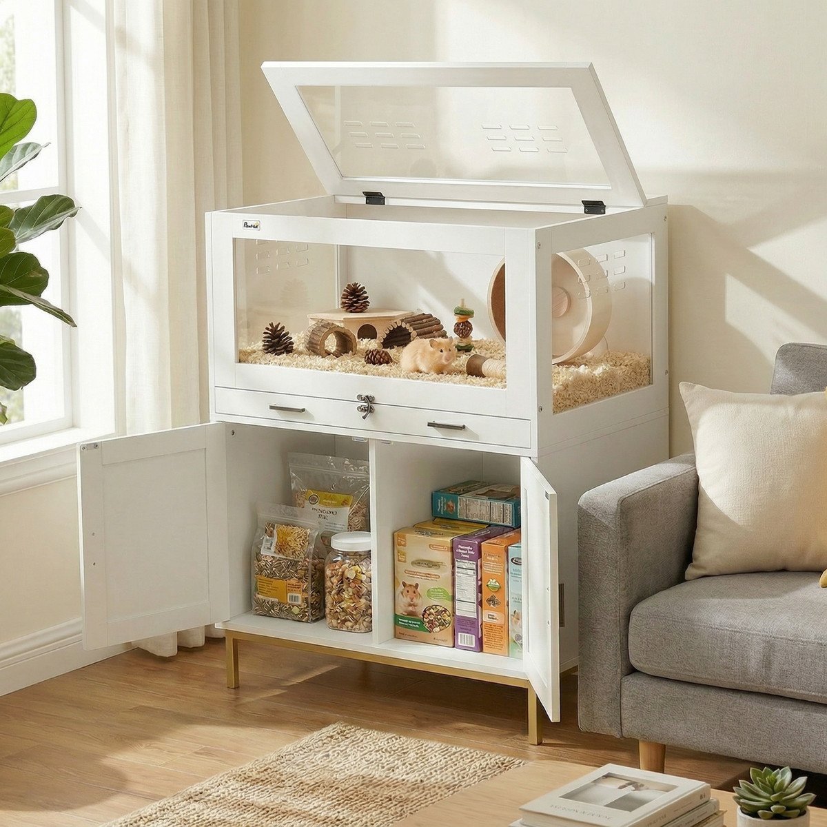 Hamster Cage with Storage Cabinet, Small Animal Cage with Pull Out Drawer and Acrylic Panels, 30" x 19.5" x 36"