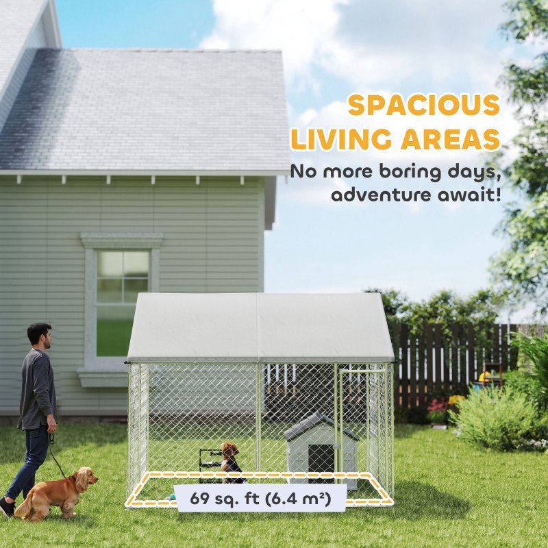 Heavy Duty Galvanized Steel Outdoor Dog Kennel with Waterproof Roof, Safety Lockable Latch System, 9.2' x 7.5' x 7.2'