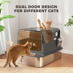 XXL Stainless Steel Cat Litter Tray, Enclosed Cat Litter Box for Big Cats with High Sides, Scoop, Easy Clean, Black
