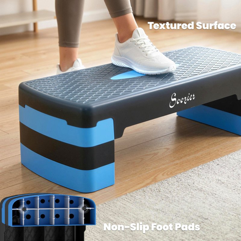 Soozier Aerobic Exercise Step Platform, 4"/6"/8" Adjustable Aerobic Stepper with Risers, Workout Stepper for Home Gym, Blue