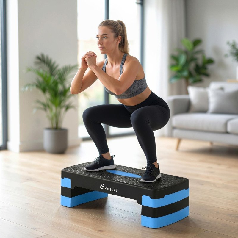 Soozier Aerobic Exercise Step Platform, 4"/6"/8" Adjustable Aerobic Stepper with Risers, Workout Stepper for Home Gym, Blue