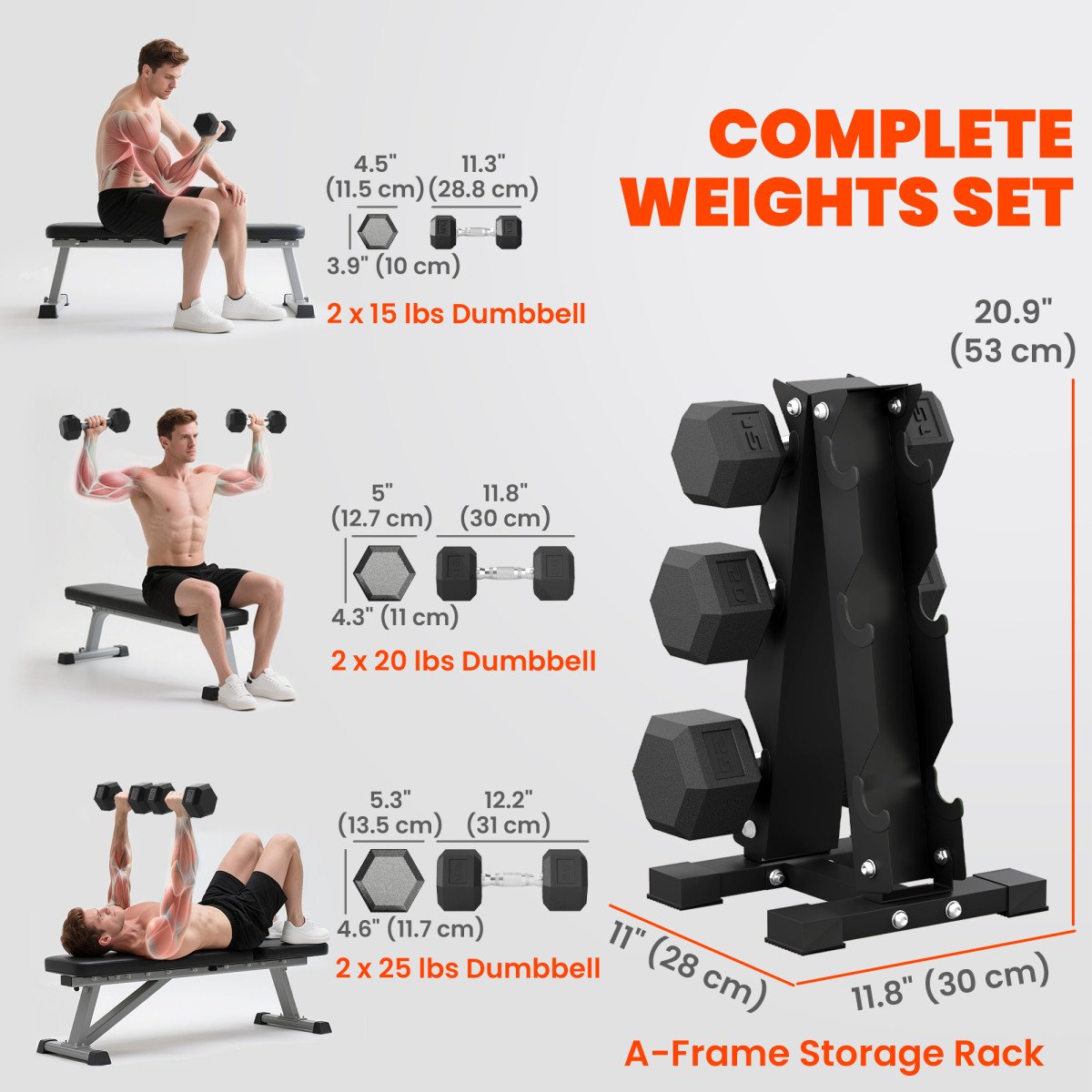 Soozier Hex Dumbbell Weight Set with Vertical Rack, 120lbs Rubber-Coated Dumbbells with Non-Slip Handles