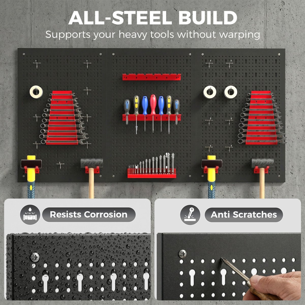 28 Piece Metal Peg Board with Accessories, Shelf Tool Organizer, Black and Red