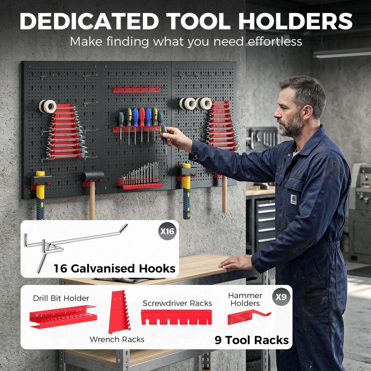 28 Piece Metal Peg Board with Accessories, Shelf Tool Organizer, Black and Red