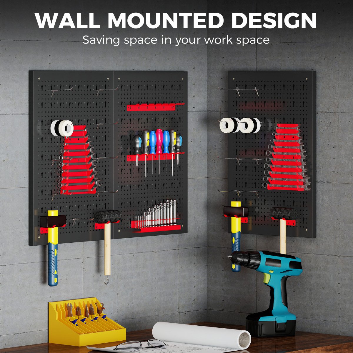 28 Piece Metal Peg Board with Accessories, Shelf Tool Organizer, Black and Red