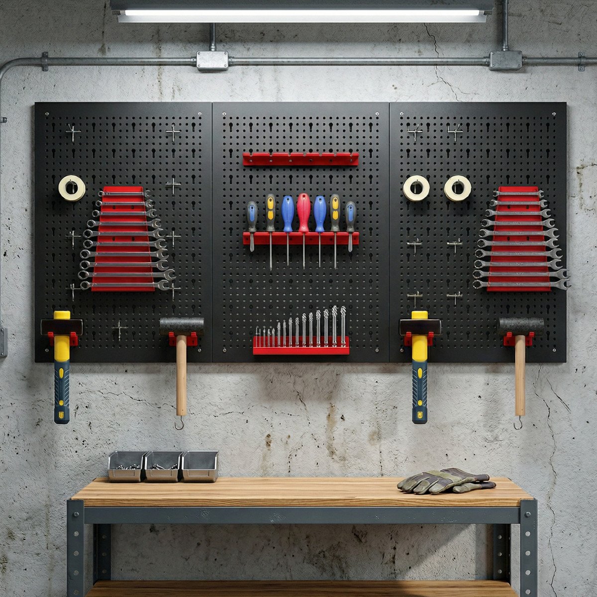 28 Piece Metal Peg Board with Accessories, Shelf Tool Organizer, Black and Red