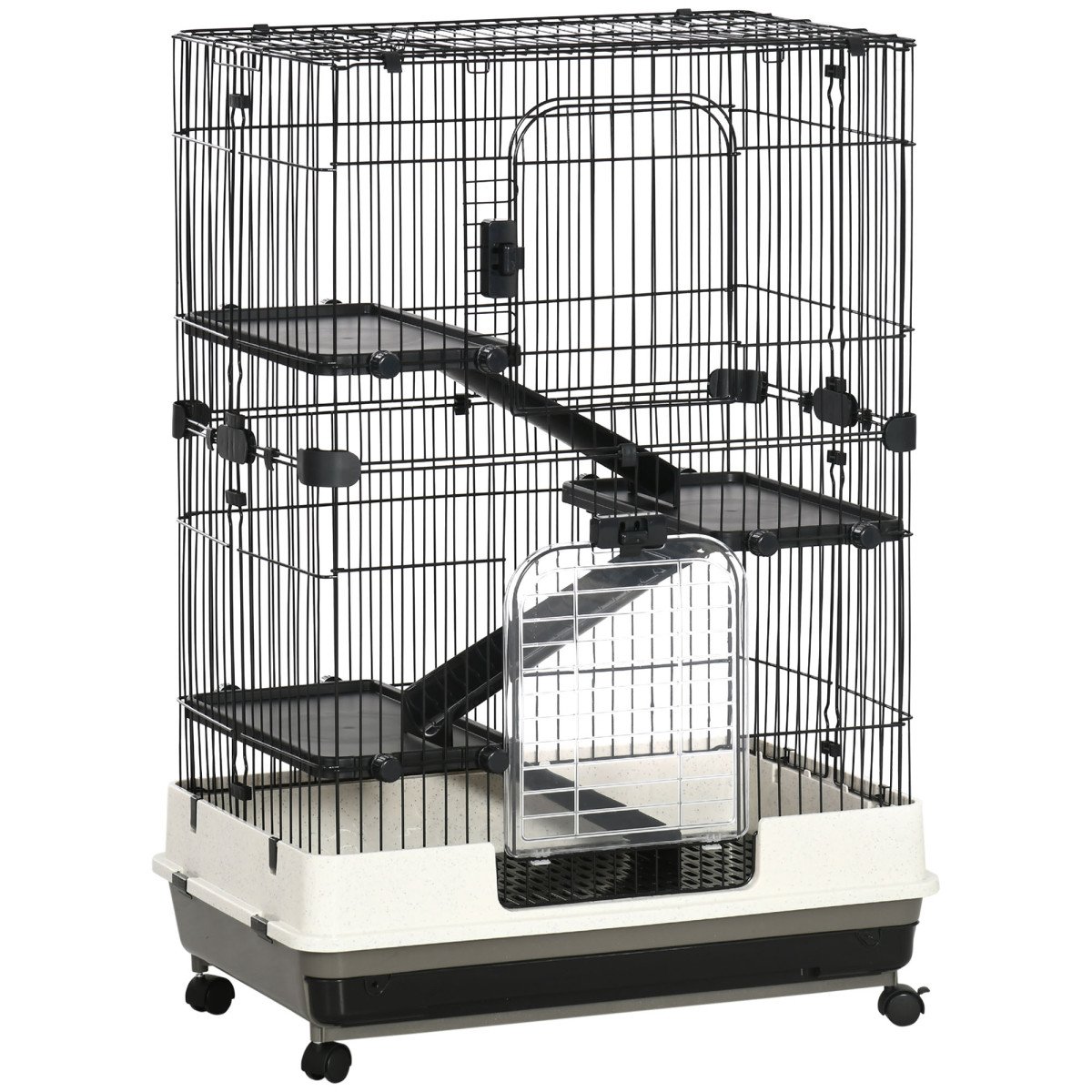45"H Guinea Pig Cage, 4-Level Rabbit Cage for Ferret, Chinchilla, Hedghog, Bunny, Small Animal Habitat with Wheels, Slide-out Tray, Ramp, Black