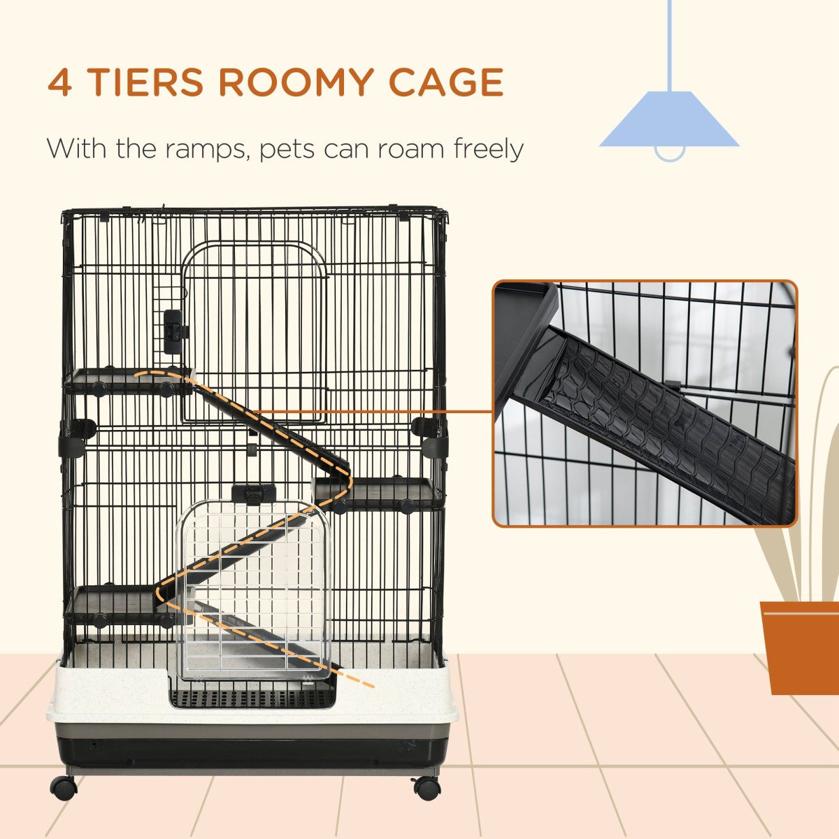 45"H Guinea Pig Cage, 4-Level Rabbit Cage for Ferret, Chinchilla, Hedghog, Bunny, Small Animal Habitat with Wheels, Slide-out Tray, Ramp, Black