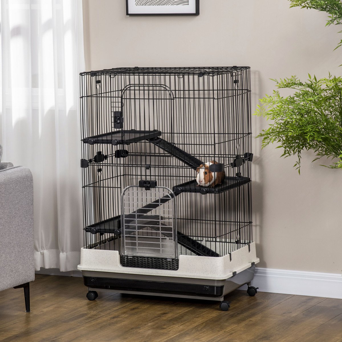45"H Guinea Pig Cage, 4-Level Rabbit Cage for Ferret, Chinchilla, Hedghog, Bunny, Small Animal Habitat with Wheels, Slide-out Tray, Ramp, Black