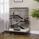 45"H Guinea Pig Cage, 4-Level Rabbit Cage for Ferret, Chinchilla, Hedghog, Bunny, Small Animal Habitat with Wheels, Slide-out Tray, Ramp, Black