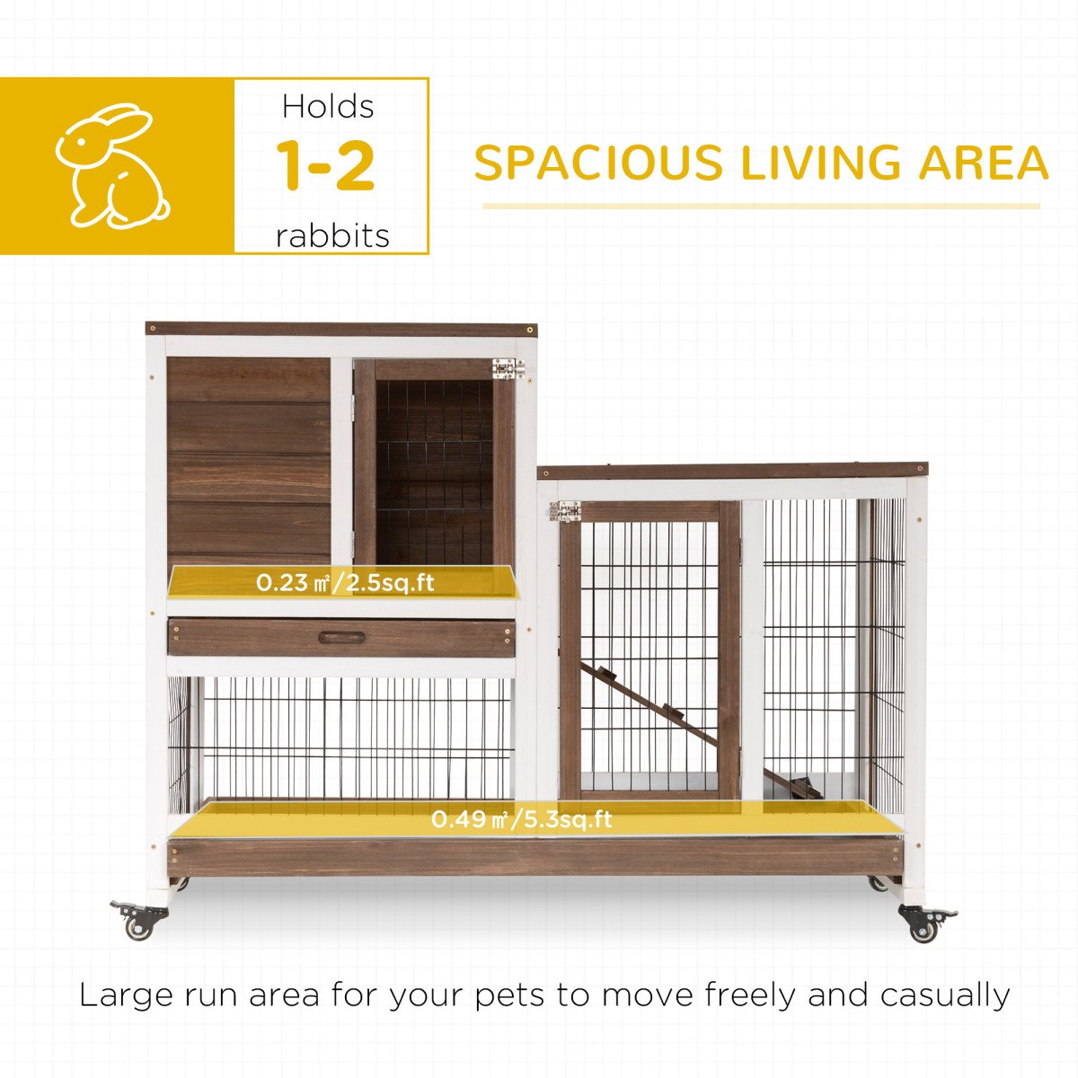 Wooden Rabbit Hutch, Indoor Bunny Cage with Wheels, Pull Out Trays, Run, Brown