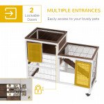 Wooden Rabbit Hutch, Indoor Bunny Cage with Wheels, Pull Out Trays, Run, Brown