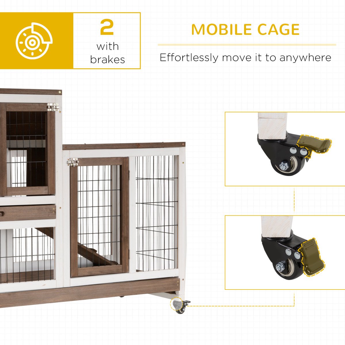 Wooden Rabbit Hutch, Indoor Bunny Cage with Wheels, Pull Out Trays, Run, Brown