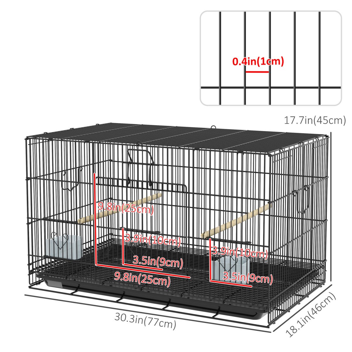 Birdcage for Canaries, Lovebirds Finches, Budgie Cage with Removable Tray, Bottom Mesh Panel, Wooden Perches, Food Containers, 30"L x 18"W x 18"H, Black