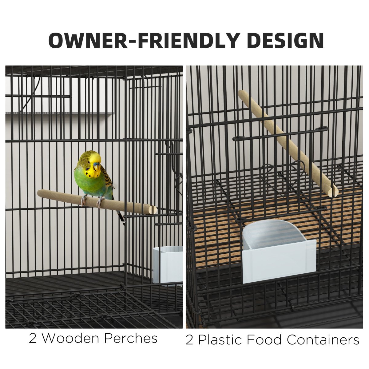Birdcage for Canaries, Lovebirds Finches, Budgie Cage with Removable Tray, Bottom Mesh Panel, Wooden Perches, Food Containers, 30"L x 18"W x 18"H, Black