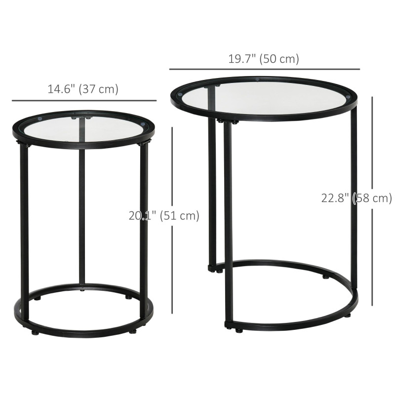 Set of 2 Nesting Coffee Tables with Metal Base, Round Side Table with Tempered Glass Tabletop for Living Room, Bedroom, Black