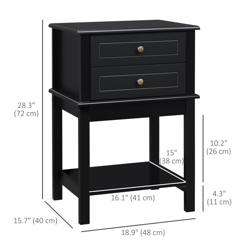 Modern Sofa Side Table, Accent End Table with Drawers and Storage Shelf, Nightstand for Bedroom Living Room, Black