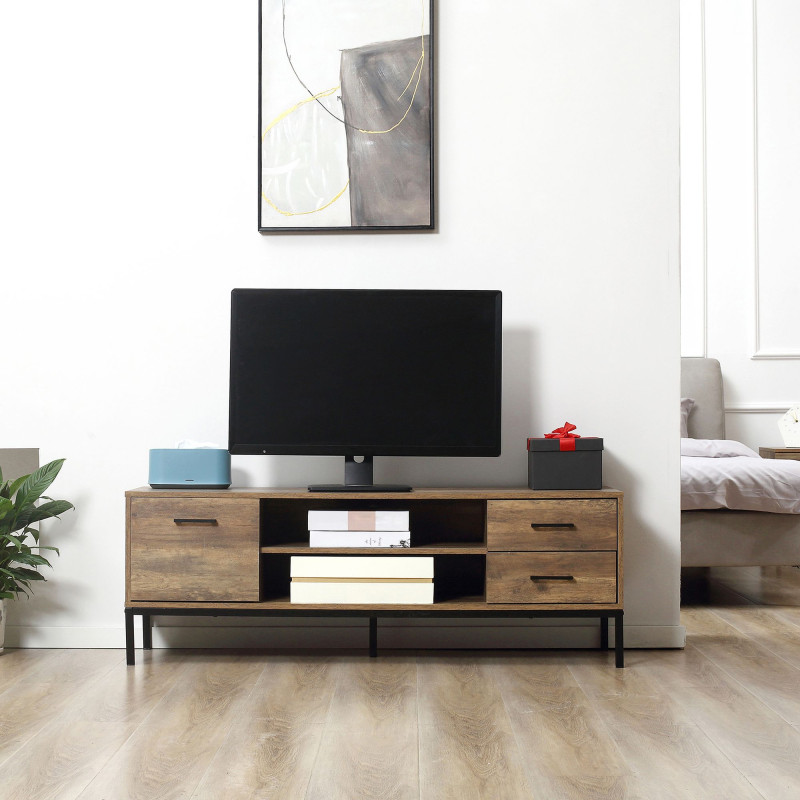TV Stand for TV up to 50 Inches, TV Cabinet with Door, Open Storage and Drawers, TV Table with Steel Legs, Coffee