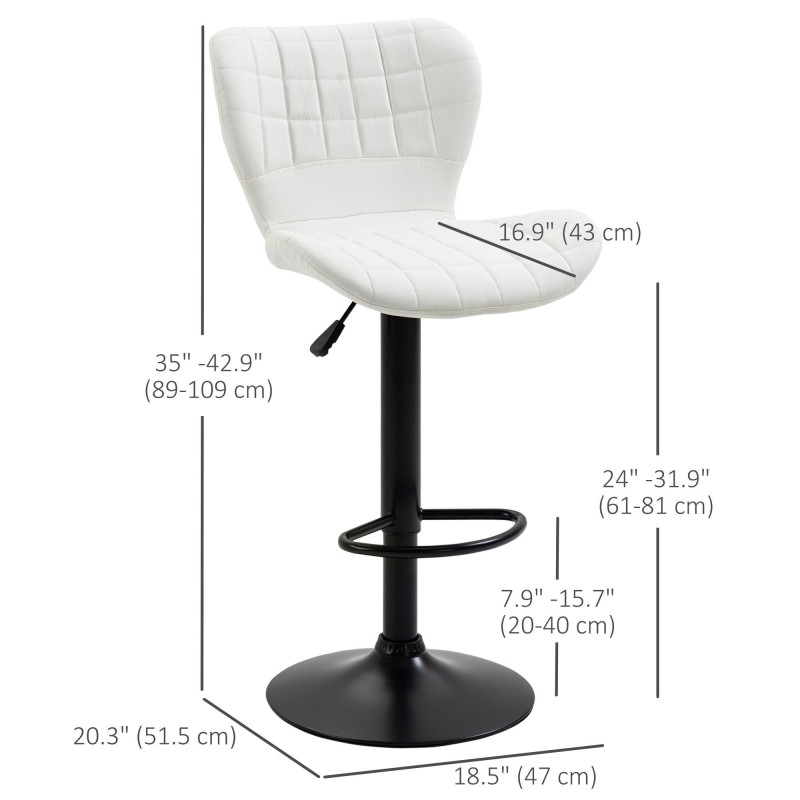 Bar Stools Set of 2 Adjustable Height Swivel Bar Chairs in PU Leather with Backrest & Footrest, White