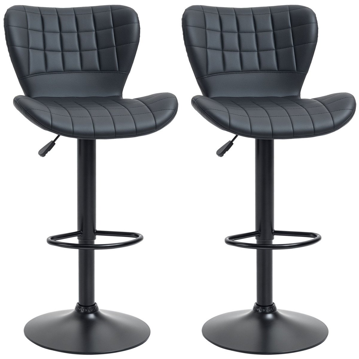 Bar Stools Set of 2, Adjustable Height Swivel Bar Chairs, PU Leather Upholstered Kitchen Counter Stools with Wide Seat, Back and Footrest, Black