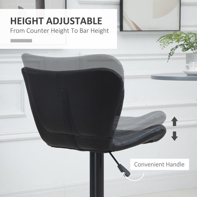 Bar Stools Set of 2, Adjustable Height Swivel Bar Chairs, PU Leather Upholstered Kitchen Counter Stools with Wide Seat, Back and Footrest, Black