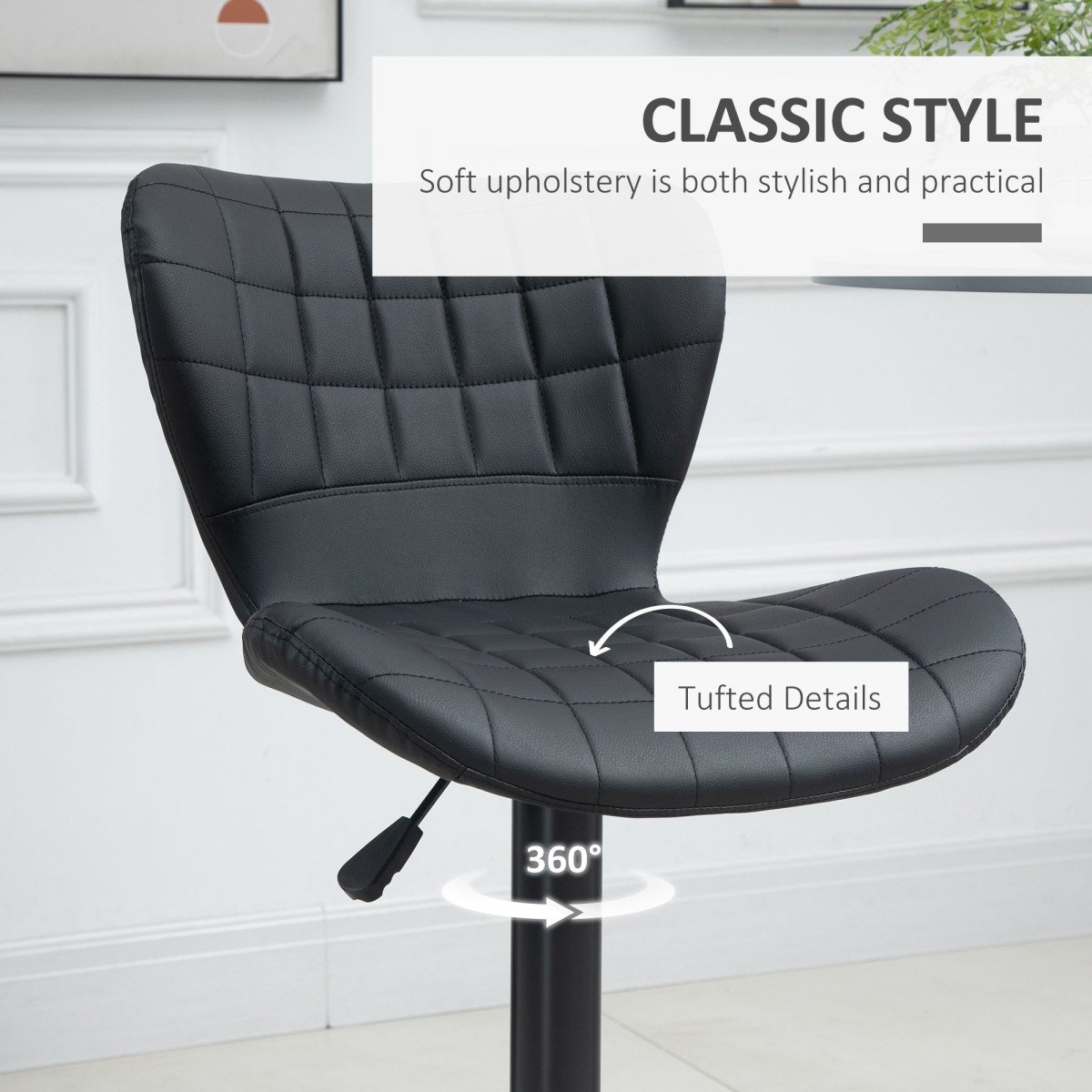 Bar Stools Set of 2, Adjustable Height Swivel Bar Chairs, PU Leather Upholstered Kitchen Counter Stools with Wide Seat, Back and Footrest, Black