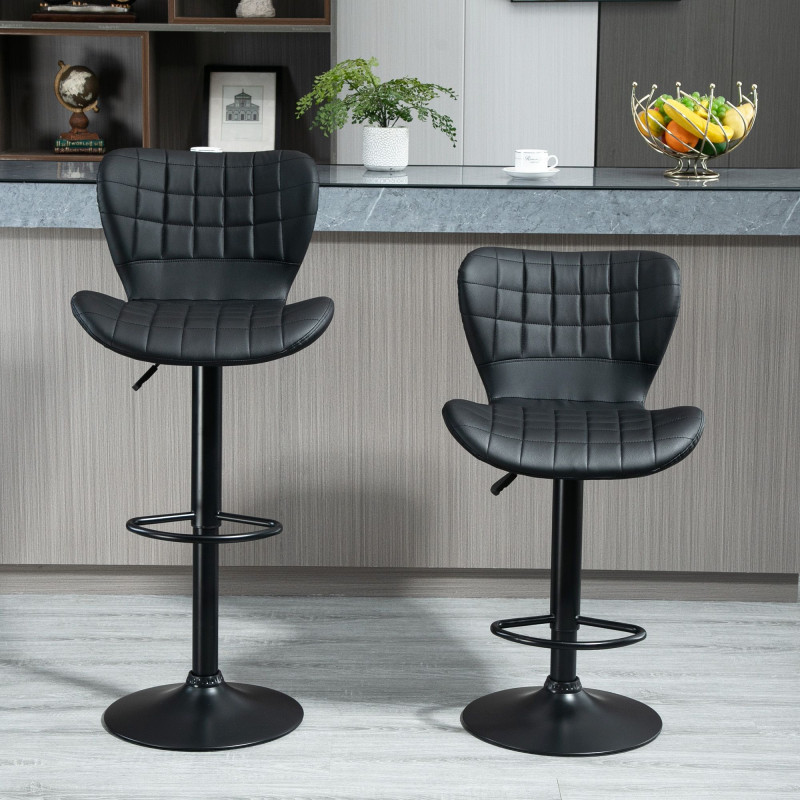 Bar Stools Set of 2, Adjustable Height Swivel Bar Chairs, PU Leather Upholstered Kitchen Counter Stools with Wide Seat, Back and Footrest, Black