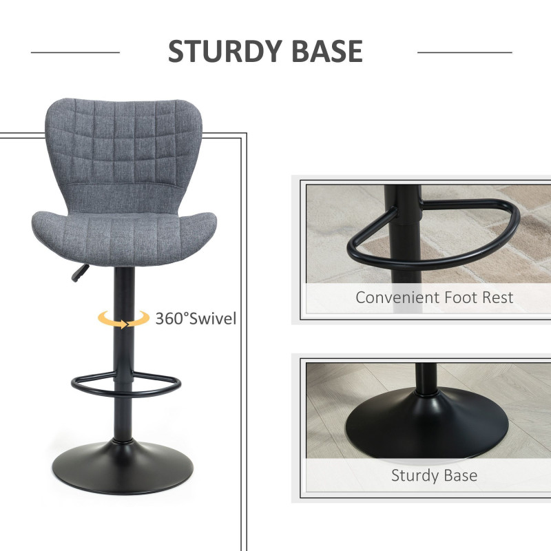 Bar Stools Set of 2, Adjustable Height Swivel Bar Chairs, Linen-feel Fabric Upholstered Kitchen Counter Stools with Wide Seat, Back and Footrest, Grey