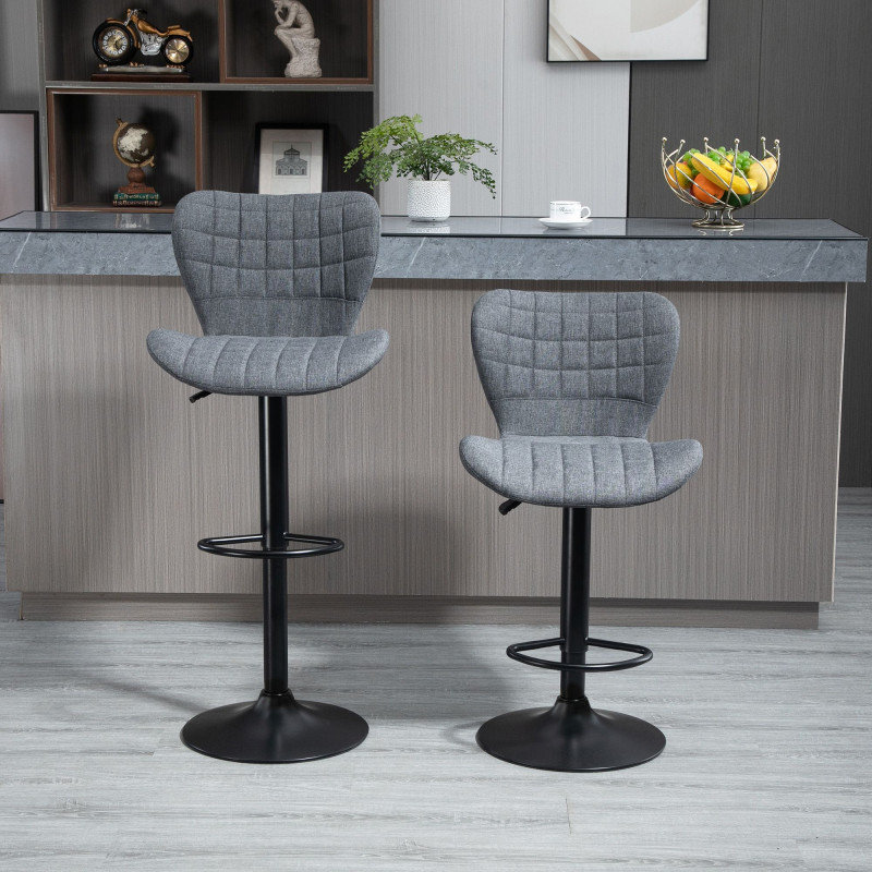 Bar Stools Set of 2, Adjustable Height Swivel Bar Chairs, Linen-feel Fabric Upholstered Kitchen Counter Stools with Wide Seat, Back and Footrest, Grey
