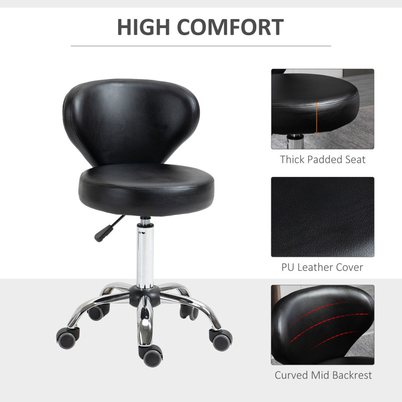 Adjustable Swivel Salon Stool with Backrest and Wheels, Office & Living Room Chair, Synthetic Leather, Black