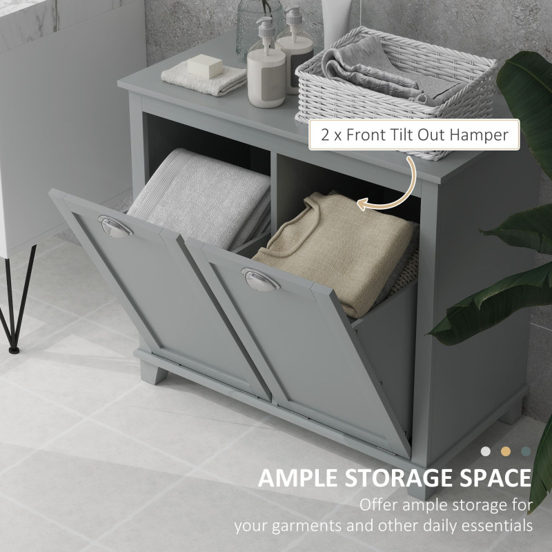 Tilt-Out Laundry Storage Cabinet, Bathroom Storage Organizer with Two-Compartment Tilt Out Hamper, Grey
