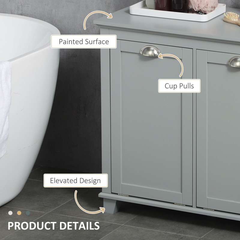 Tilt-Out Laundry Storage Cabinet, Bathroom Storage Organizer with Two-Compartment Tilt Out Hamper, Grey