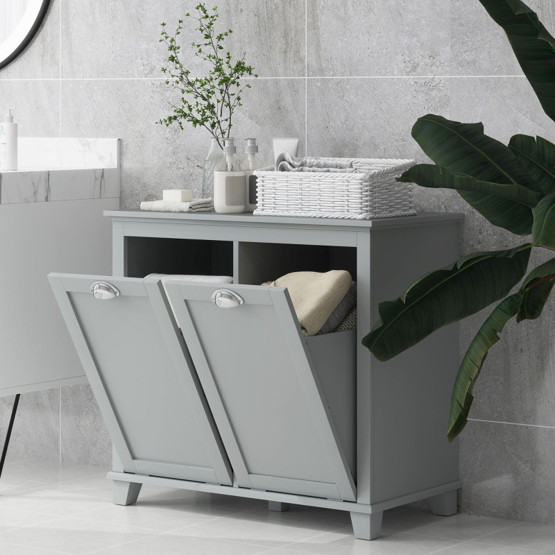 Tilt-Out Laundry Storage Cabinet, Bathroom Storage Organizer with Two-Compartment Tilt Out Hamper, Grey