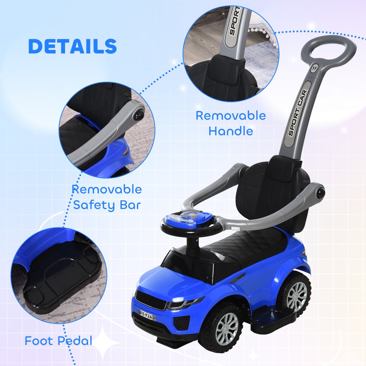 2-in-1 Kid Ride-On Push Car Sliding Car, Ride-On Toy for Boys and Girls Toddlers 1–3 Years Old, with Horn, Music, Light Function, Secure Bar, Blue