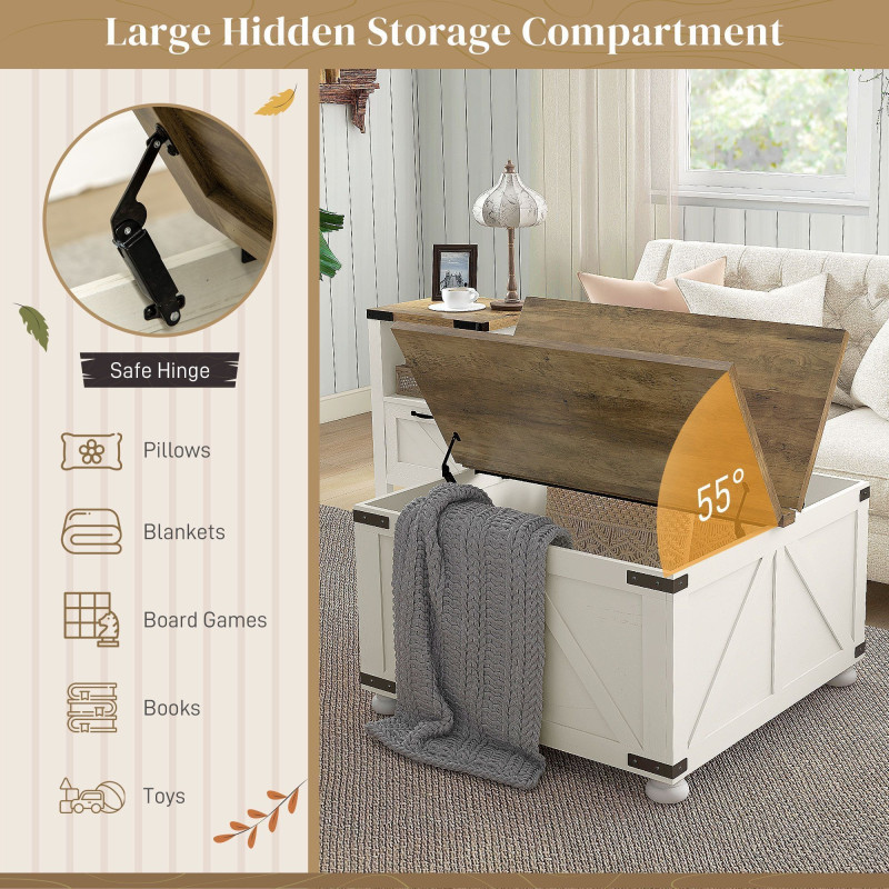 Farmhouse Coffee Table, Square Center Table with Flip-top Lids, Hidden Storage Compartment and Wooden Legs, Antique White