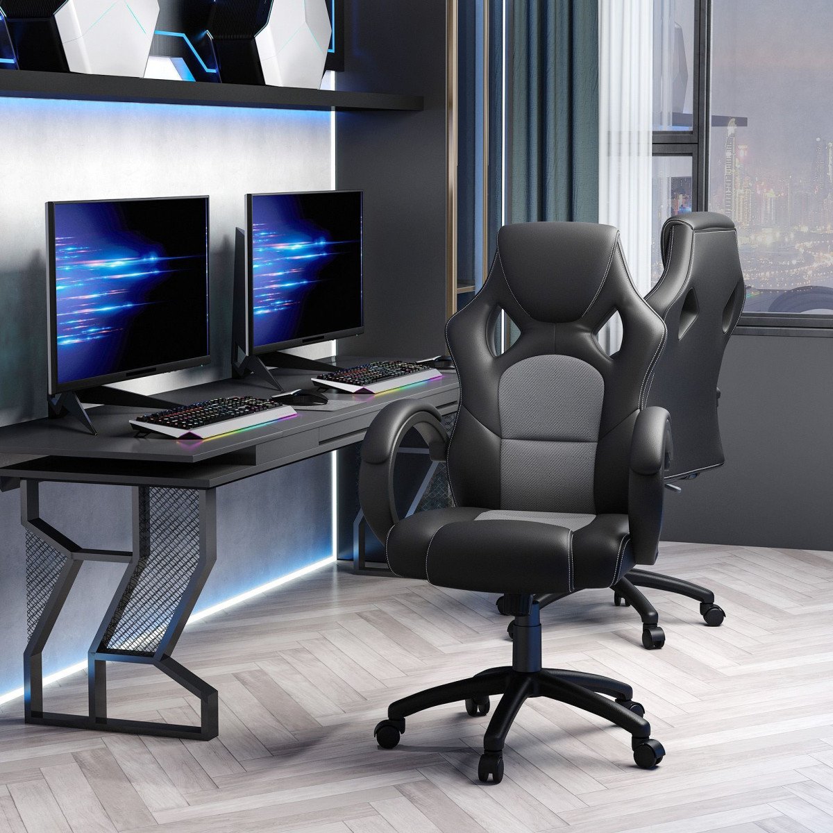 Racing Gaming Chair Office Chair Computer Desk Gamer Chair with Swivel Wheels, Padded Headrest, Tilt Function, Grey
