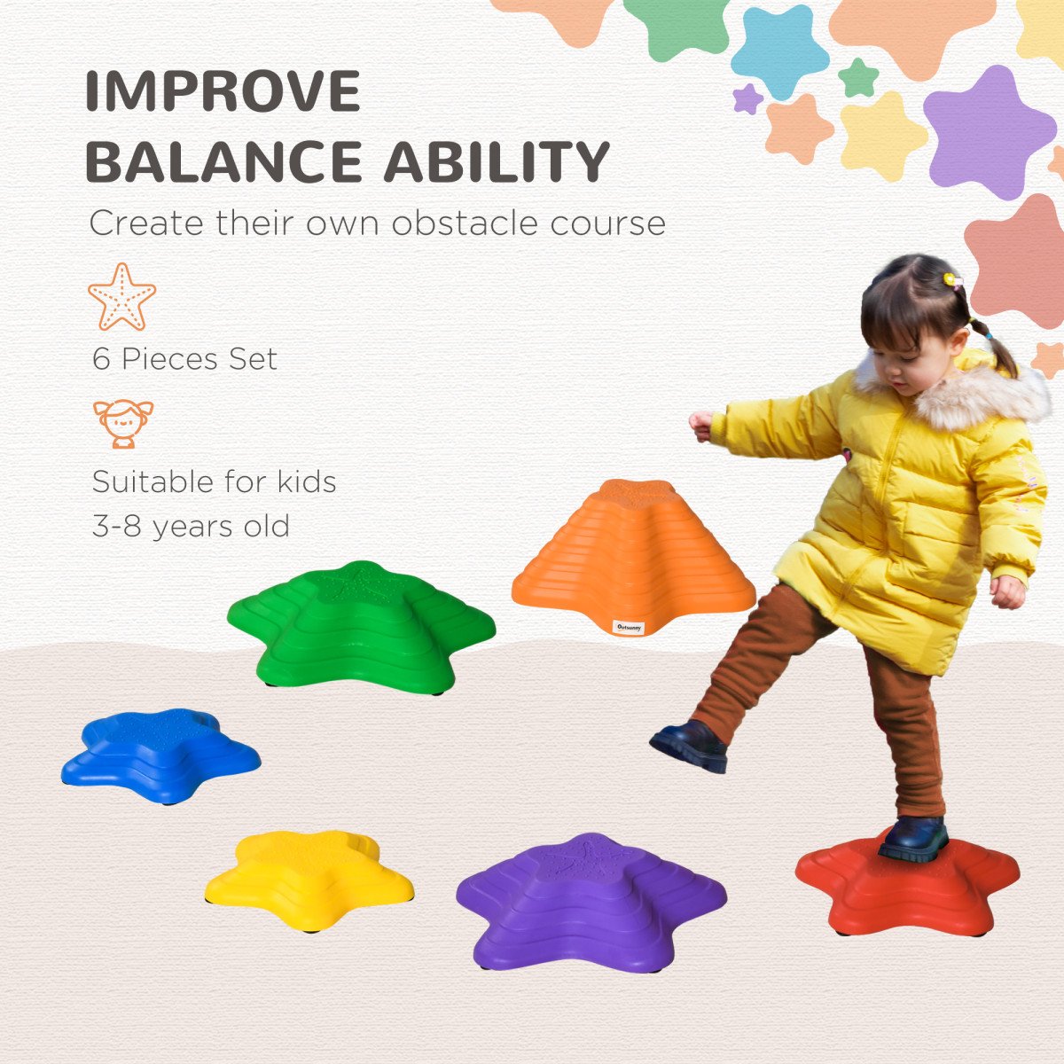 6PCs Larger Size Balance Stepping Stones for Kids with Non-slip Bottom, Stackable Obstacle Course Outdoor Indoor,  Play River Rocks with Starfish Style