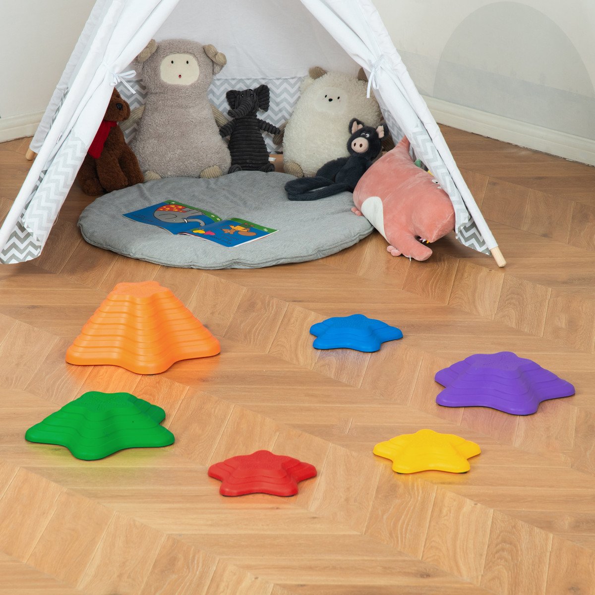 6PCs Larger Size Balance Stepping Stones for Kids with Non-slip Bottom, Stackable Obstacle Course Outdoor Indoor,  Play River Rocks with Starfish Style