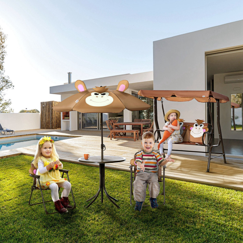 Kids Folding Picnic Table and Chair Set Pattern Outdoor Garden Patio Backyard with Removable & Height Adjustable Sun Umbrella Brown