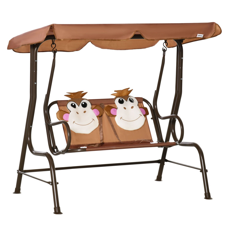 2-Seat Kids Porch Swing Chair, Children Outdoor Patio Furniture Lounge Chair for Garden, with Adjustable Canopy, Seat Belt, Monkey Pattern, for 3-6 Years Old, Coffee