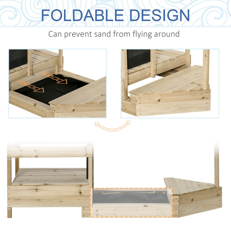 Kids Wooden Sandbox with Cover, Foldable Sandpit, Covered Children Sand Boat Outdoor, w/Flag, Bottom Liner, for 3-8 Years Old, Natural Wood