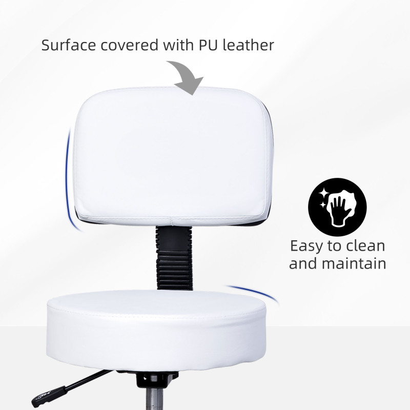 Adjustable Rolling Stool with Back, PU Leather Round Swivel Drafting Stool with Wheels for Kitchen, Salon Spa, Bar, Home Office, Massage, White