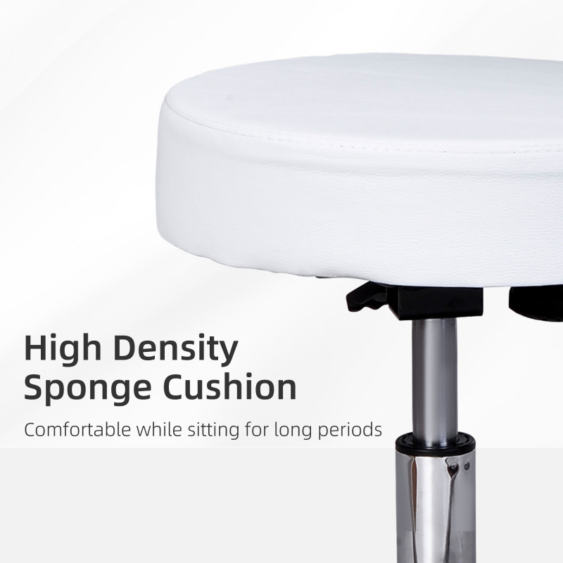 Adjustable Rolling Stool with Back, PU Leather Round Swivel Drafting Stool with Wheels for Kitchen, Salon Spa, Bar, Home Office, Massage, White