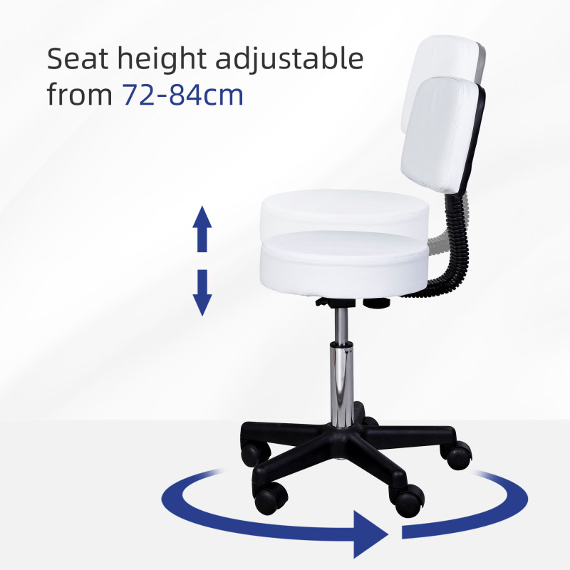Adjustable Rolling Stool with Back, PU Leather Round Swivel Drafting Stool with Wheels for Kitchen, Salon Spa, Bar, Home Office, Massage, White