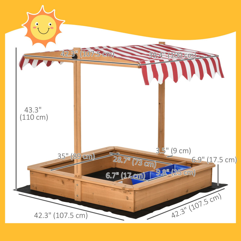 Kids Wooden Sandbox, Children Play Sand Station Outdoor with Adjustable Height Cover Lid, Bottom Liner, Seat, Plastic Basins, for 3-7 Years Old Boys and Girls