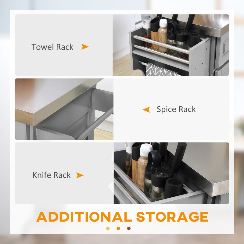 Rolling Kitchen Island with Storage and Stainless Steel Top, Kitchen Trolley with Drawers, Cabinets, Towel Rack, Grey