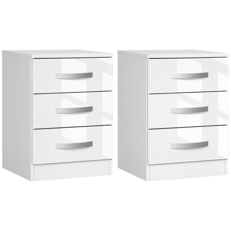 Modern Nightstand Set of 2, Bedside Tables with 3 High Gloss Drawers for Bedroom, White